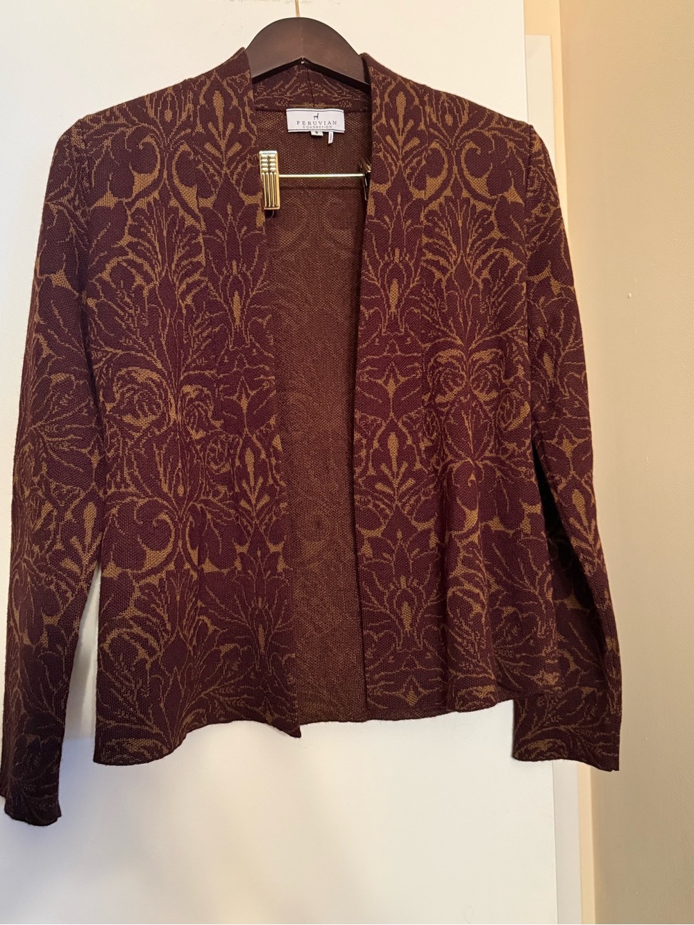 Small Peruvian Connection Rich Burgundy & Gold Cardigan Tapestry Baby Alpaca